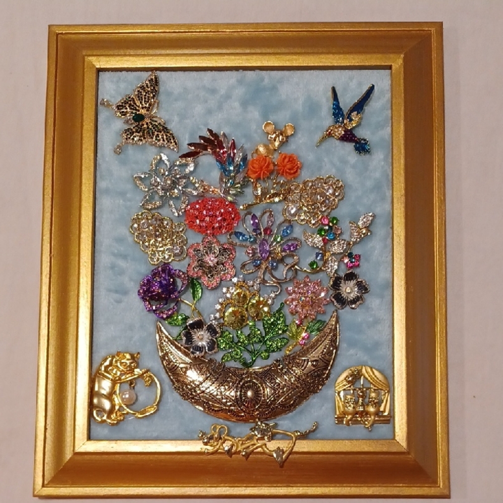Floral Picture Art With Cats, a Butterfly, and Humming Bird in a Gold Frame